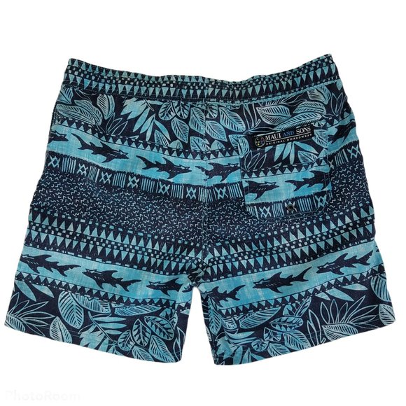 Maui & Sons Mens Swim Trunks Large Blue Board Surf Shorts Hawaiian Tropical - Picture 2 of 6